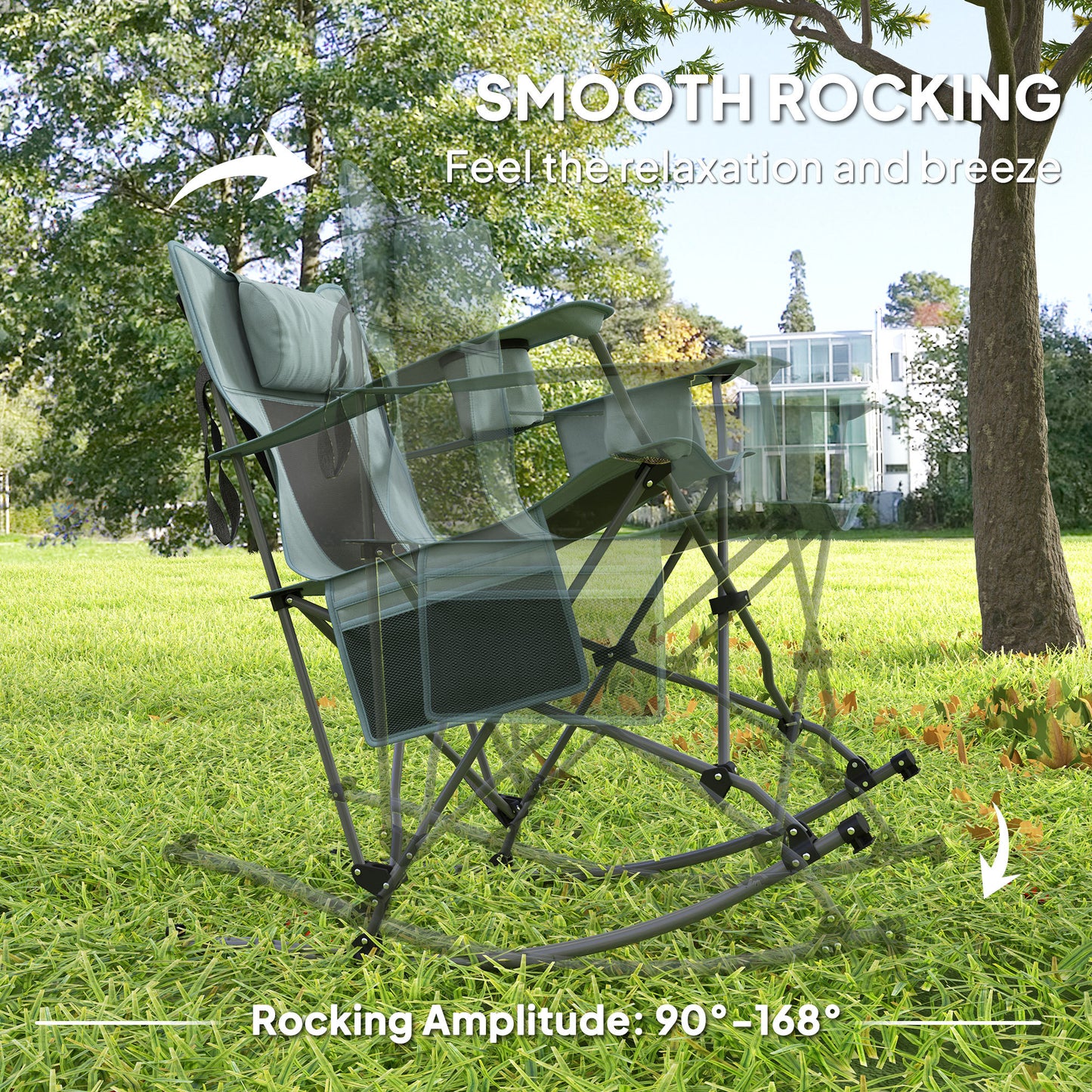 US Local Folding Rocking Camping Chairs, Portable Chairs With Headrest, Cooler Bag, Cup Holder, Carry Bag, 2 Pack, Gray