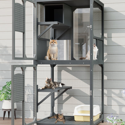 US Local Catio Outdoor Cat Enclosure Window Access, 4 Tiers Cat House With Wheels, Resting Box & Waterproof Roof, Indoor Large Cat House Cage, Gray