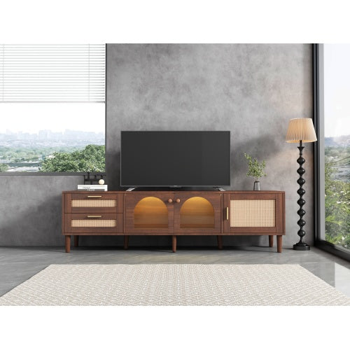 US Local Rattan TV Stand With 3 Cabinets 2 Drawers, Rattan-inspired Media Console Table For TVs Up To 80'', LED Light Entertainment Center, TV Cabinet For Living Room, Bedroom, Home Theatre