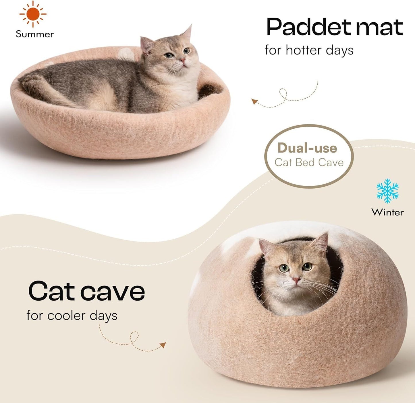 MEWOOFUN Handmade Wool Cat Cave Bed - Natural Felt Hideaway House For Indoor Cats & Kittens, Breathable Warm Pet Bed Grey, Medium