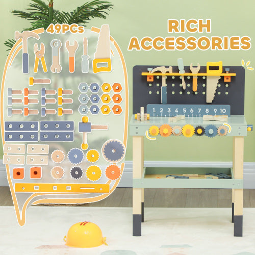 US Local Qaba Kids Wooden Tool Bench, 49 Piece Kids Workbench Playset, Pretend Play Toy Construction Tool Set For Toddlers Age 3-6 Years, Light Blue