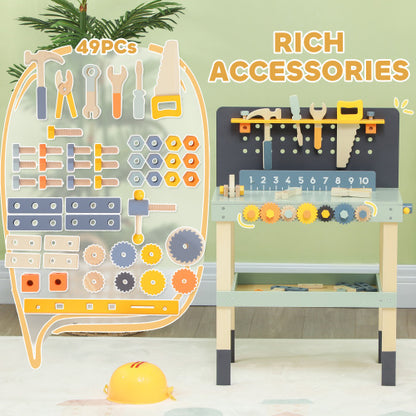 US Local Qaba Kids Wooden Tool Bench, 49 Piece Kids Workbench Playset, Pretend Play Toy Construction Tool Set For Toddlers Age 3-6 Years, Light Blue