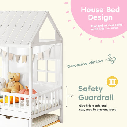US Local Twin House Bed With Trundle, 77.95'' Wooden Playhouse Bed Frame For Kids With Safety Rails & Window--A-B Combo Sale, Please Do Not Purchase Individually