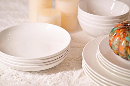 US Local Dandilion Bone China Dinnerware Set, 16 Pieces, Service For 4, Plates, Dishes, Bowls Set, Microwave And Dishwasher Safe, Ivory White With Radial Lines