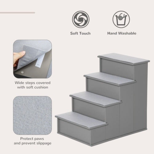 UK Local PawHut 4 Step Wooden Dog Steps Pet Stairs For Dogs, Cat Ladder For Bed Couch With Non-Slip Carpet 40 X 59 X 54.2 Cm, Grey