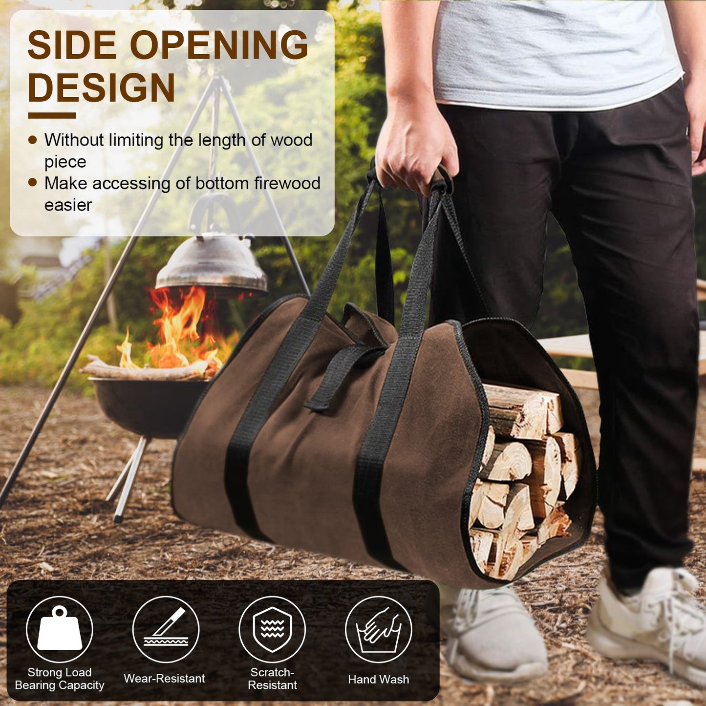 US Local 1 Pc Firewood Carrier Bag With Handle Durable Wear Resistant Fireplace Logs Holder Side Opening Wood Storage Carrying Bag For Indoor Fireplace Outdoor Camping