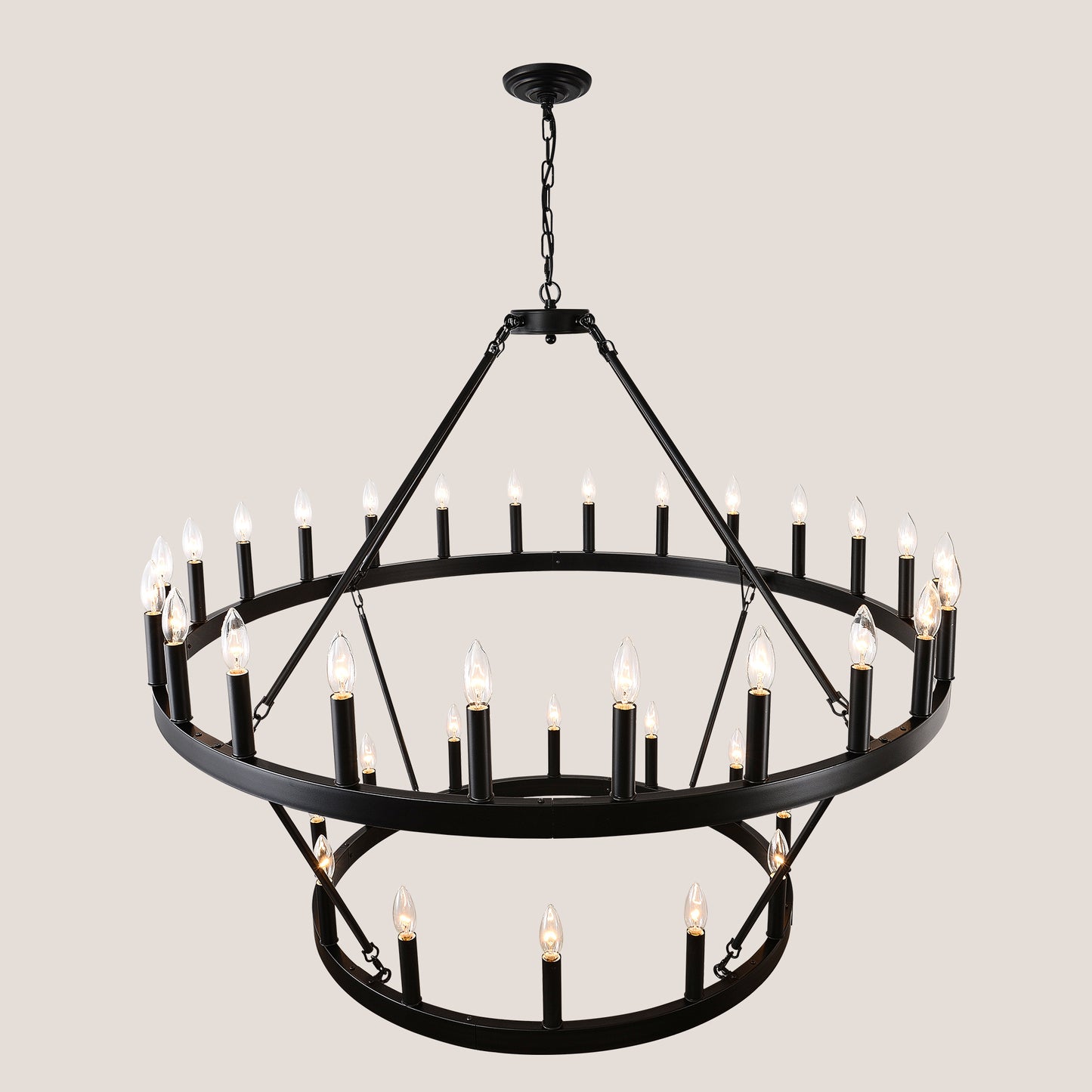 US Local 2 Tiers Wagon Wheel Chandelier Wooden Farmhouse 36-Light Black Metal Chandeliers 2-Story Light Fixtures Industrial For High Ceiling Living Dining Room Foyer. Adjustable Height