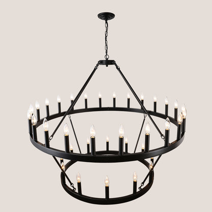 US Local 2 Tiers Wagon Wheel Chandelier Wooden Farmhouse 36-Light Black Metal Chandeliers 2-Story Light Fixtures Industrial For High Ceiling Living Dining Room Foyer. Adjustable Height