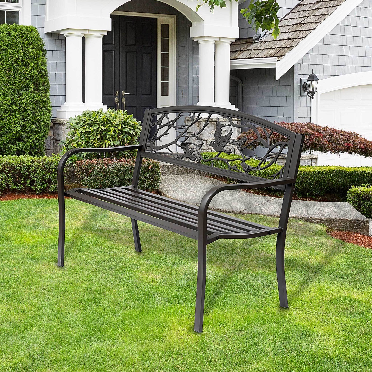 US Local Brown Metal Garden Bench 50 Patio Seating With Backrest & Armrests