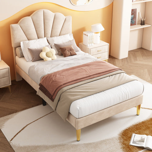 UK Local Velvet Upholstered Bed,Single Bed-3ft 90x190cm, Shell-like Bed With Golden Iron Legs, Height-adjustable Headboard, Wooden Slatted Frame