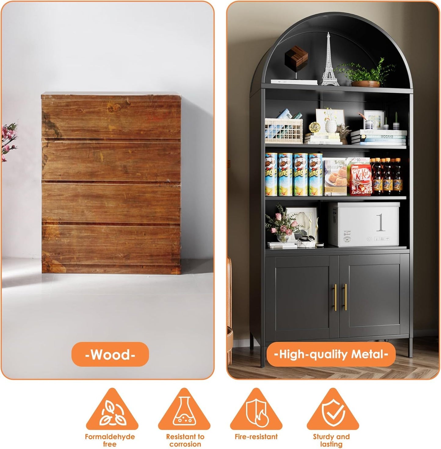 US Local Metal Arched Bookcase, Large Size Freestanding Black Arch Storage Cabinets For Home Office Bookshelf Living Room