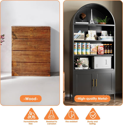 US Local Metal Arched Bookcase, Large Size Freestanding Black Arch Storage Cabinets For Home Office Bookshelf Living Room