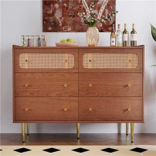 UK Local Rattan Sideboard Cabinet For Living Room, Chest Of Drawers With 6 Drawers, Walnut -40D X 120W X 90H Centimetres