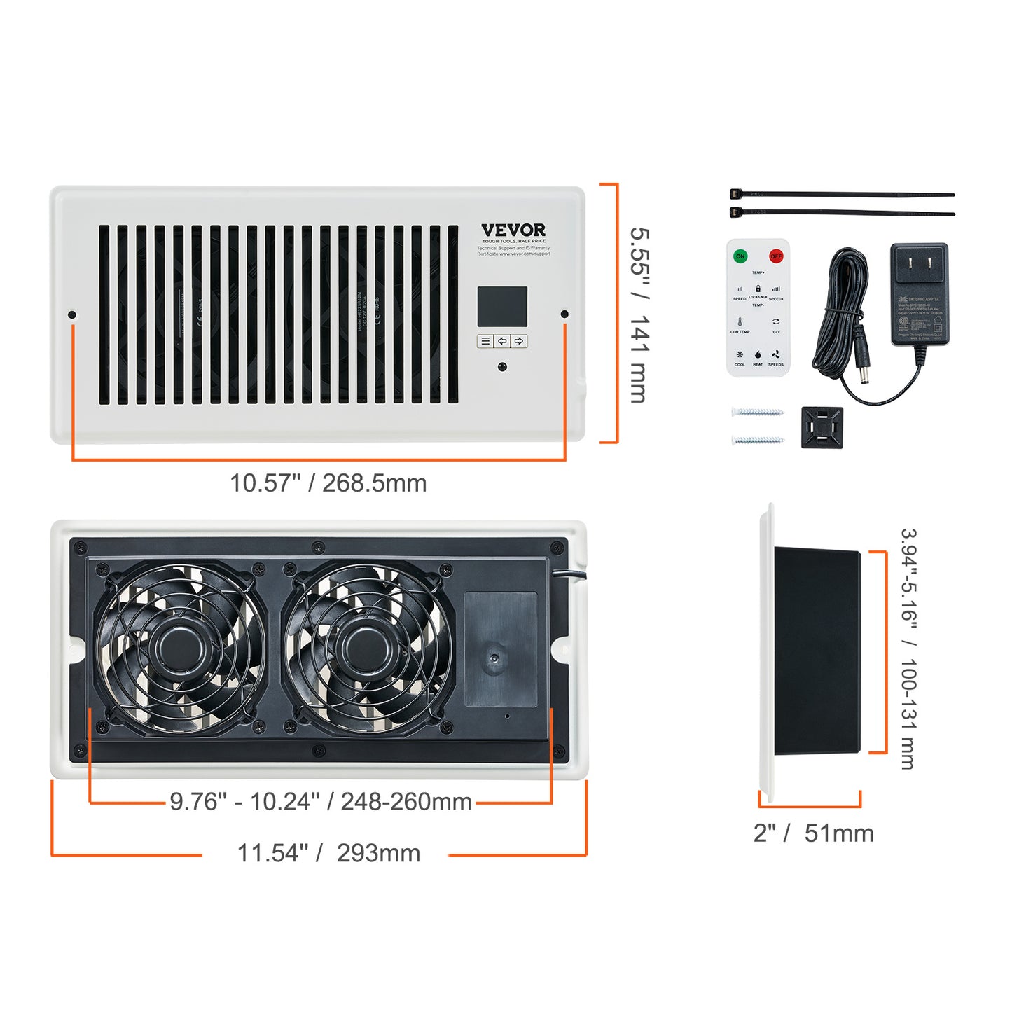 US Local VEVOR Register Booster Fan, Quiet Vent Booster Fan Fits Register Holes, With Remote Control And Thermostat Control, Adjustable Speed For Heating Cooling Smart Vent, White