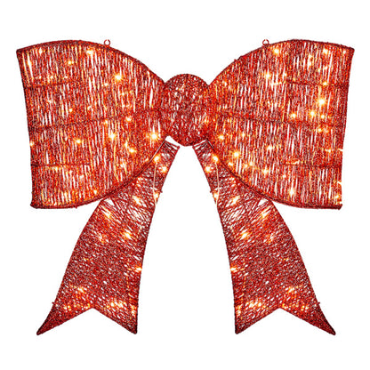 US Local Pre-lit Outdoor Giant Bowknot Christmas Decoration, Lighted Metal Frame With 124 Warm White LED Lights, For Front Door Gate Wall Indoor Outdoor Holiday Party, Red