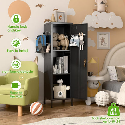 US Local Metal Lockers For Employees With Handle,Metal Storage Locker With 2 Pegboard & 5 Hooks For Gym, School, Office,Home,Garage,Black