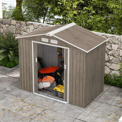 UK Local Outsunny 7 X 4ft Metal Garden Storage Shed With Vents, Floor Foundation Kit And Lockable Double Doors, Light Brown