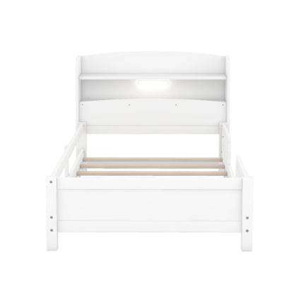 US Local Wood Twin Size Platform Bed With Built-in LED Light, Storage Headboard And Guardrail, White