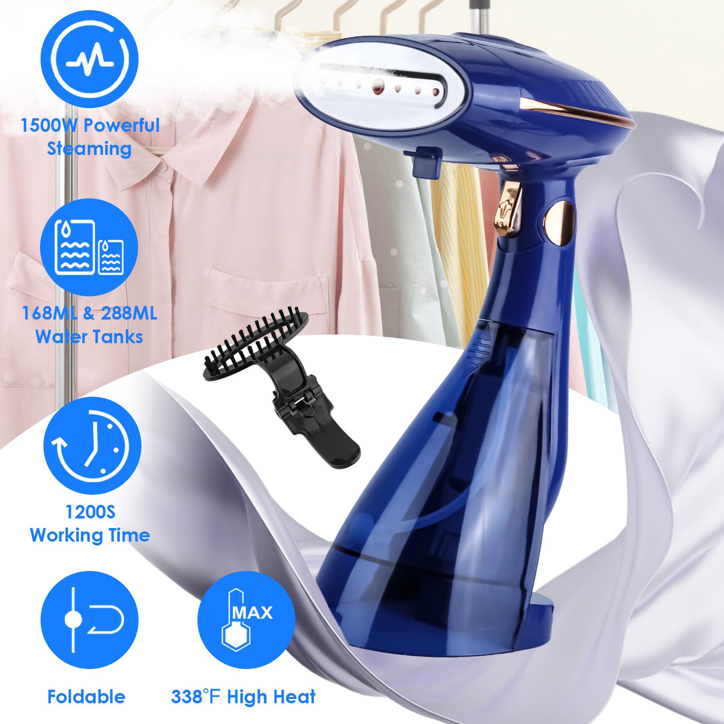 US Local 1Pc 1500W 2 In 1 Foldable Garment Steamer Handheld Fabric Wrinkle Remover With 168ML & 288ML Water Tanks For Flat Hanging Ironing