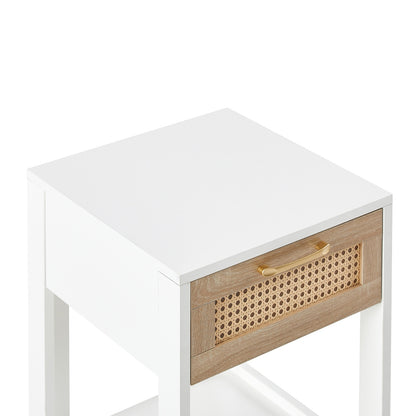 US Local 15.75 Rattan End Table With Drawer, Modern Nightstand For Bedroom, White