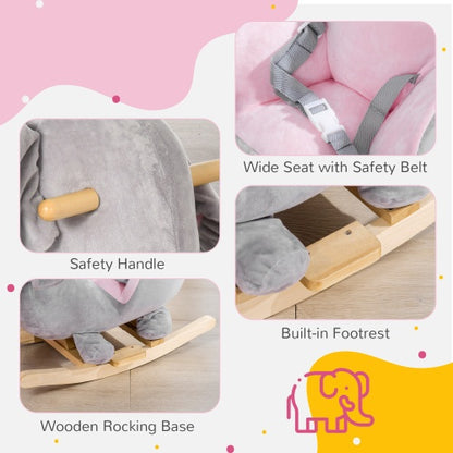 US Local Qaba Baby Rocking Horse Elephant Rocking Chair Toddler Rocker Toy With Sound Wooden Base Seat Safety Belt For 1.5-3 Year Old, Gray