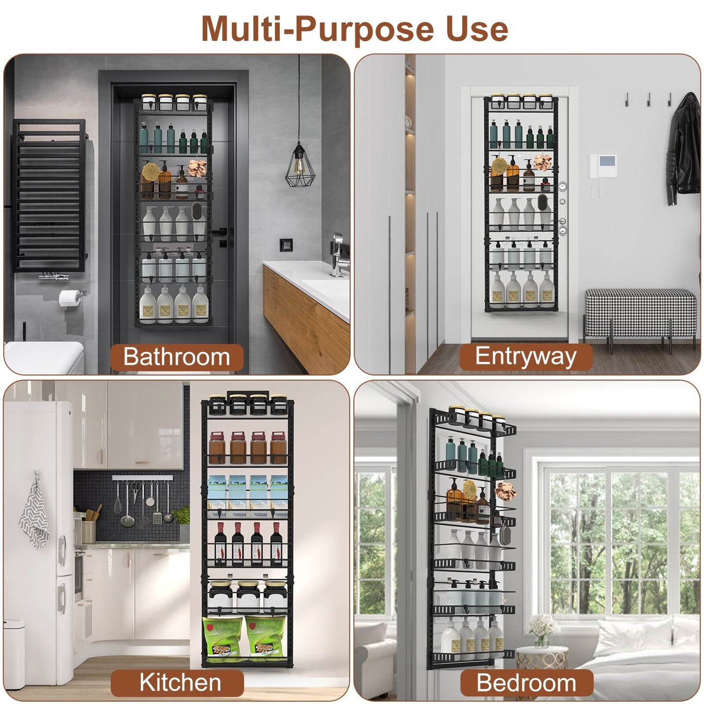 US Local Black-White Options -- 1Pc Over The Door Pantry Organizer 6-Tier Pantry Door Organizer Carbon Steel 110LBS Loading Easy Install Behind Door Storage For Closet Kitchen Bathroom 50.19H 17.12W 5.51in D