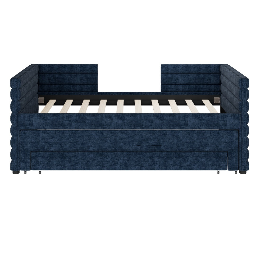 US Local Twin Size Upholstered Daybed With Trundle And 3 Storage Drawers, Chenille Fabric Sofa Bed For Guest Room, Living Room, Space-Saving Modern Day Bed Frame, No Box Spring Needed