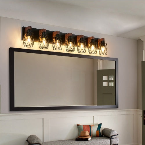 US Local Industrial Vintage 7-Light Wall Sconce - Black Cage Wall Lighting Fixture With Wooden Accents For Bathroom, Hallway, Or Living Room Bulb Not Included