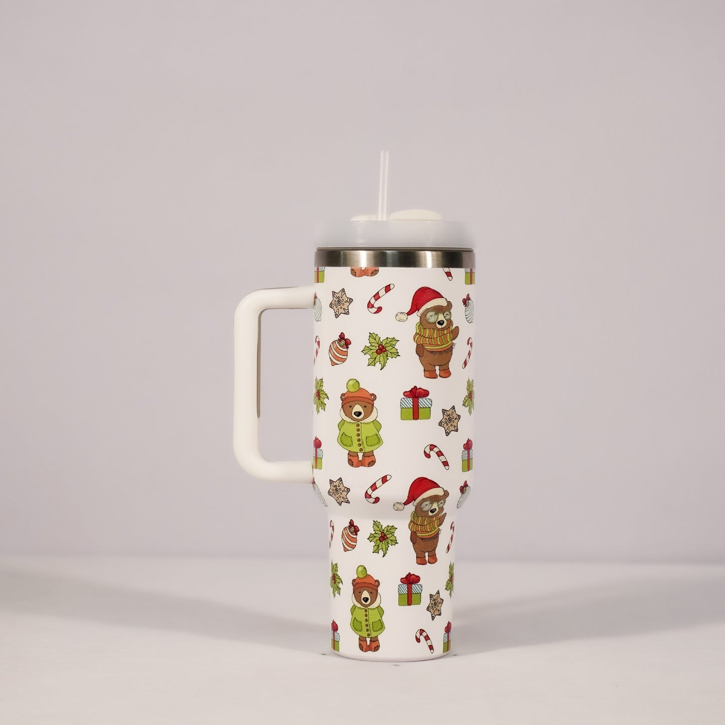 Christmas Pattern Mug With Handle Lid Straw Drinkware Stainless Steel Vacuum Tumbler Large Capacity Car Travel Coffee Cup