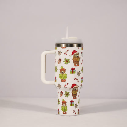 Christmas Pattern Mug With Handle Lid Straw Drinkware Stainless Steel Vacuum Tumbler Large Capacity Car Travel Coffee Cup
