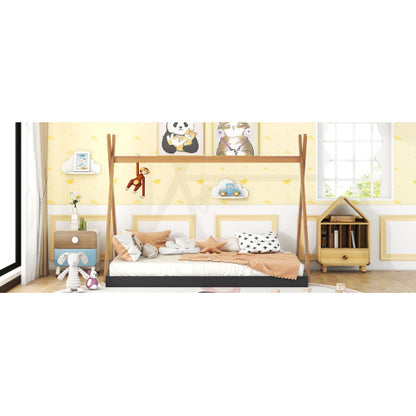 US Local Full Size Tent Floor Bed With Triangle Structure, Black Brown