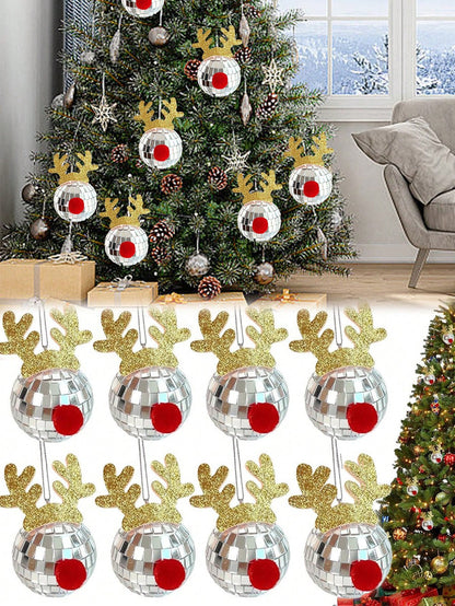 US Local 5 Pcs Disco Mirror Christmas Ball Pendants With Elk Antlers Cute Disco Ball Accessories Car Disco Mirrors Deer Antler Ornament Halloween Props For Xmas Trees Garlands Music Festival Birthday Party Dec