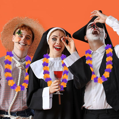 US Local 24 Pcs Halloween Leis Hawaiian Leis Necklace Tropical Flower Lei Floral Luau Party Decorations Orange Purple Dance Garland Headbands Photo Booth Photo Props For Halloween Birthday Trick Or Treat Party