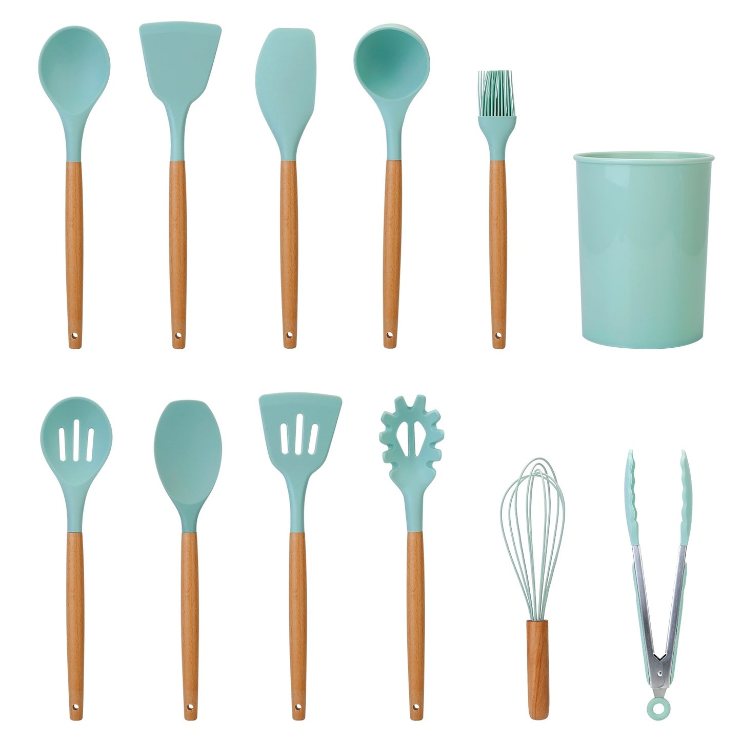 US Local 2 Color Options -- Set Of 11Pcs Silicone Cooking Utensil Set Heat Resist Wooden Handle Silicone Spatula Turner Ladle Spaghetti Server Tongs Spoon Egg Kitchenware Set With Holder