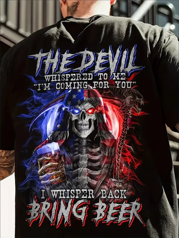 Plus Size Big & Tall Men's 3D Grinning Skeleton With Beer Print Short Sleeve Casual Fashion T-shirt For Halloween