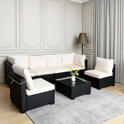 US Local Seven-Piece Sofa Set Table With Sofa Chair Black PE Rattan Outdoor New Design Furniture 7-JH002 Box 3-1-2-3 With White Color Cushion