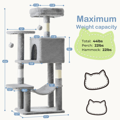 US Local 44 Inch Cat Tree Tower, Multi-Cat Climbing Tower With, Natural Sisal Scratching Posts, Extended Platform, Hammock