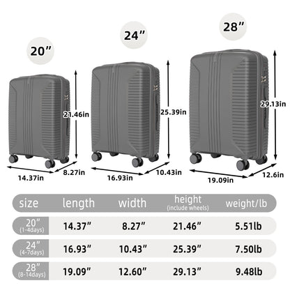US Local 20   24   28  3 Pcs  Set In PP Spinner Wheel Luggage, Carry On Suitcase, Matching Color, Combination Lock