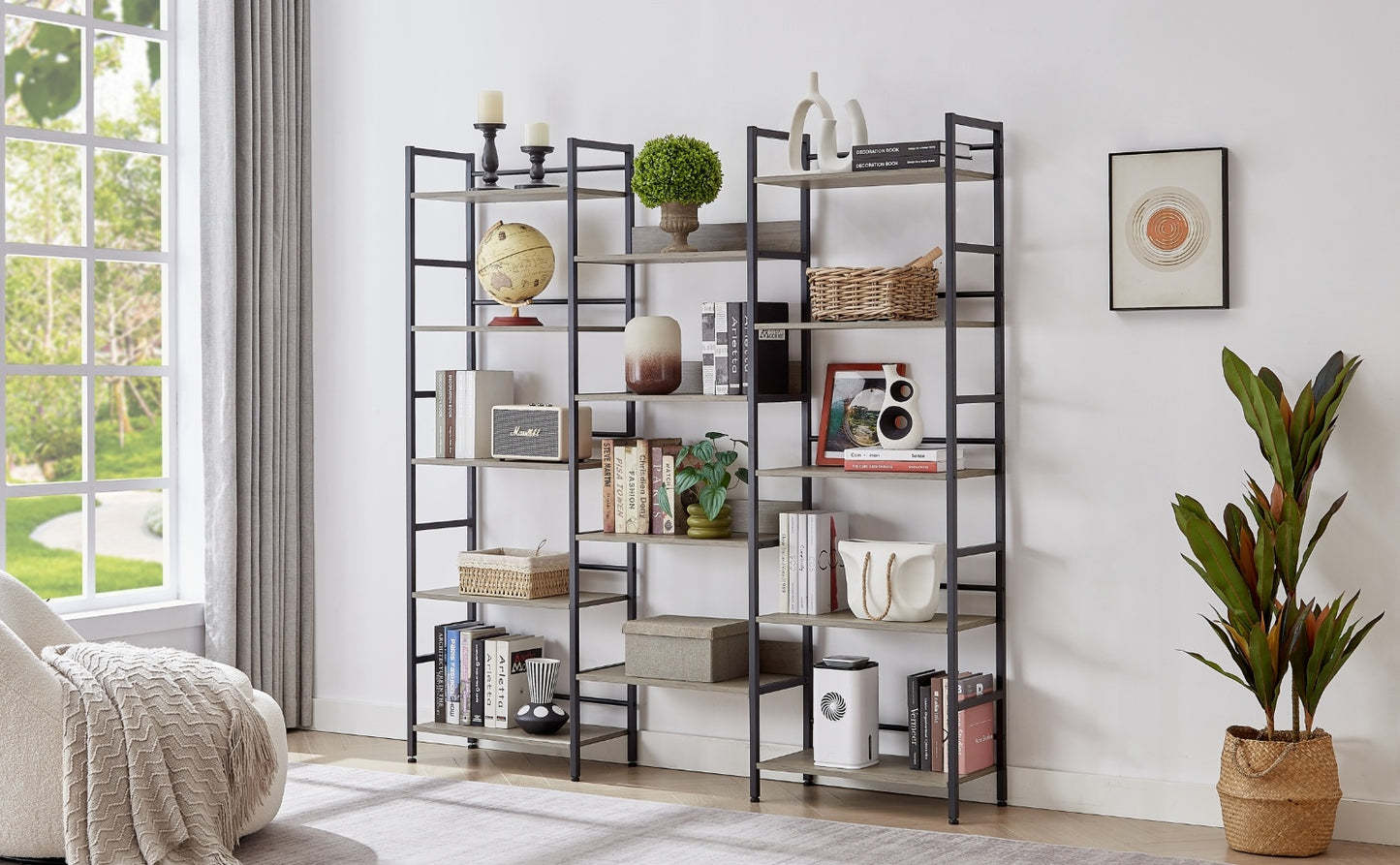 US Local Triple Wide 5-Shelf Industrial Retro Bookshelves For Home & Office