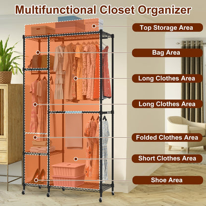 US Local 1Pc 4 Tier Heavy Duty Garment Rack With Wheels Carbon Steel Clothing Rack Portable Wardrobe Clothes Rack With 3 Hanging Rods 6 Footrests 44.9x17.13x77.95in