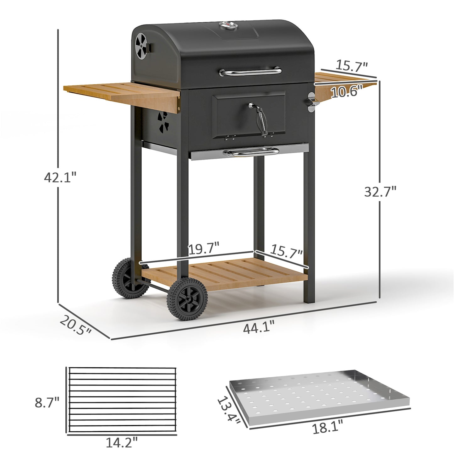 US Local Charcoal BBQ Grill With 245 Sq. In. Cooking Area, Adjustable Charcoal Pan, 3 Shelves, Thermometer, Black