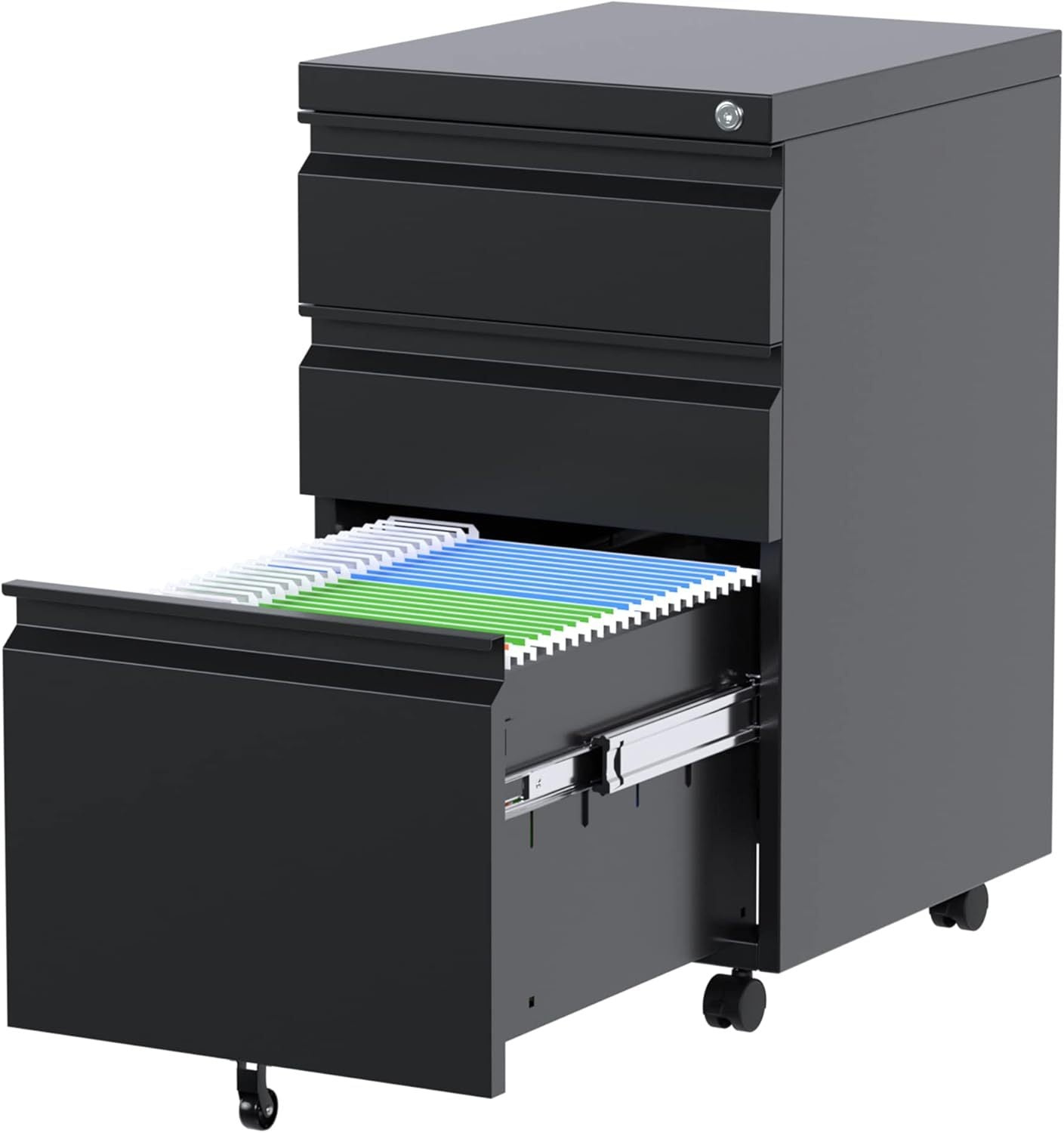 US Local 3 Drawer Mobile File Cabinet, Fully Assembled Office File Cabinets,Letter Legal A4 Size Drawer,Black