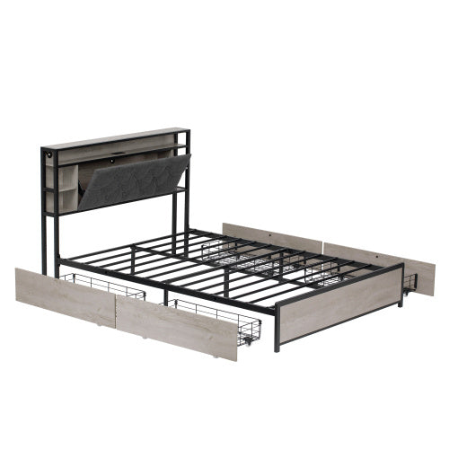UK Local 4ft6 Double Bed With 4 Storage Drawers, Bed Frame With Concealed Headboard Storage, Button Tufted Headboard With LED Lighting And Charging Station, Vintage Rustic Wooden, Linen, Grey