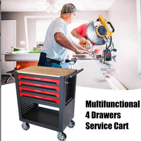 US Local 4 DRAWERS MULTIFUNCTIONAL TOOL CART WITH WHEELS AND WOODEN TOP