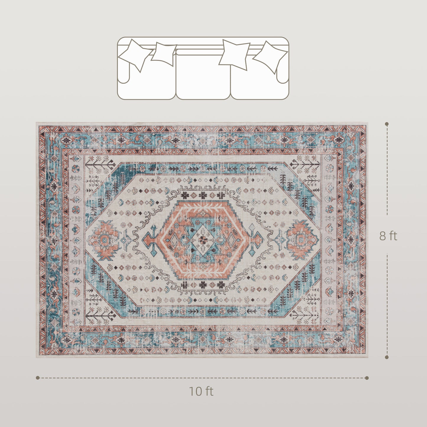 8x10 Area Rug, Vintage Machine Washable Rug, Non-Slip Floor Carpet For Living Room, Bedroom, Dining Room, Brown And Blue