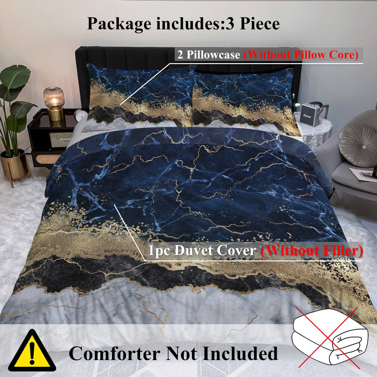 US & UK Local Chic Marble Bedding White Marble Gilded Navy Blue Duvet Cover Set Trendy Printed Design Bed Quilt Cover Set King 1 Duvet Cover 2 Pillowcases
