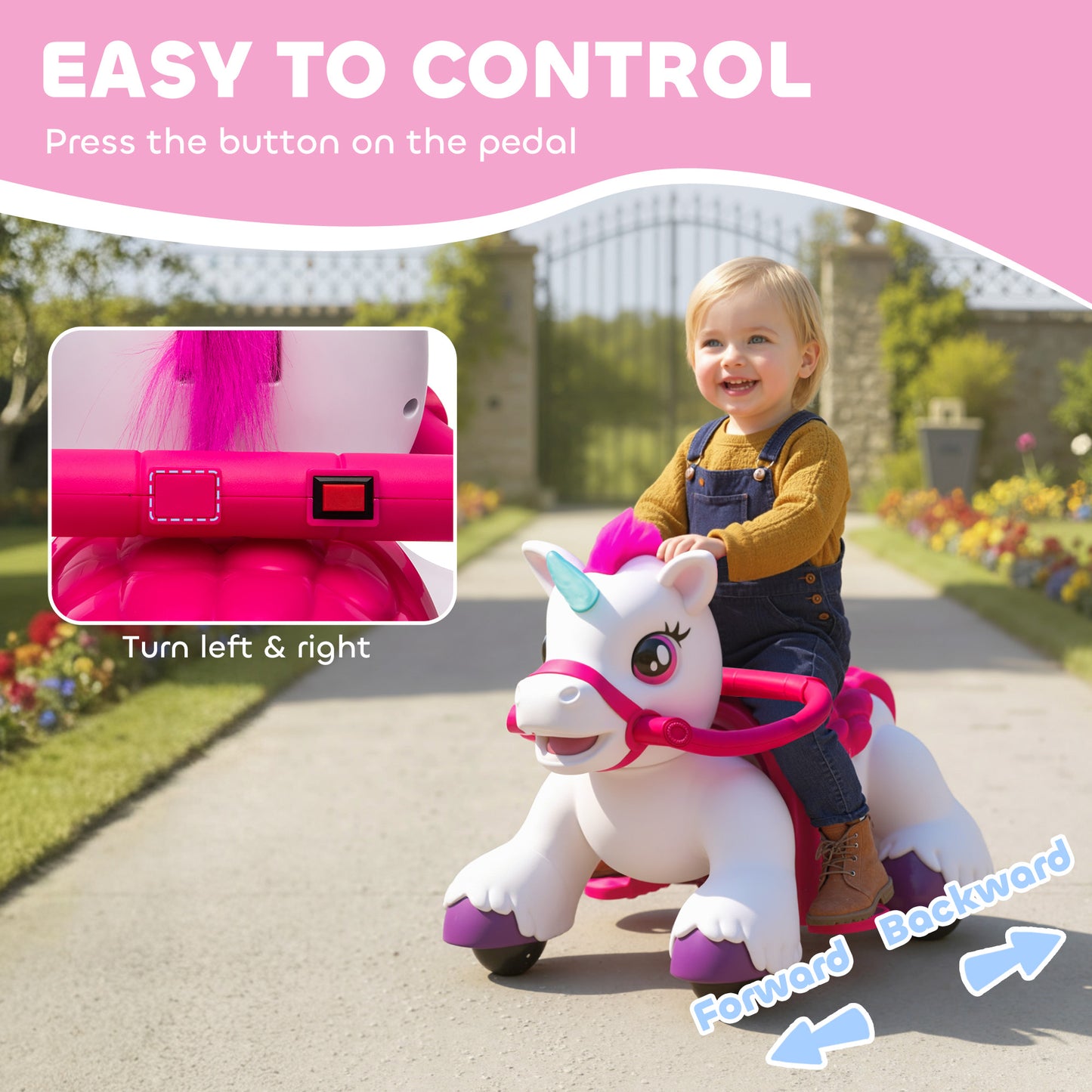 US Local 12V Unicorn Ride on Horse with Carrot Toy, Comb, Animal Sounds, for Girls Boys Aged 1.5-3 Years Old