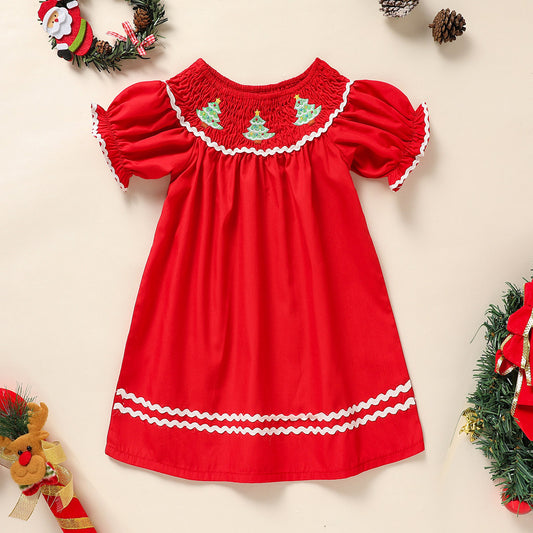US Local Toddler Infant Girl Christmas Dress Smocked Christmas Tree Embroidery Short Sleeve Princess Party Dress