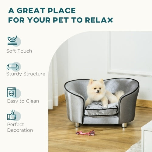 UK Local PawHut Dog Sofa Pet Chair, Kitten Bed Couch W  Wooden Frame, Removable Cushion - Silver-Tone And Grey