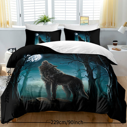 US Local Moon Wolf Bedding Green Watercolor Forest Wolf Landscape Duvet Cover Sets 3 Pieces Wild Animal Bedding Set Twin Full Queen King Size